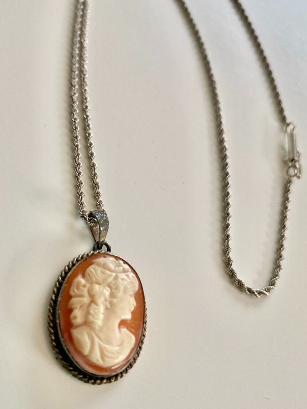 Vintage Hand-Carved Shell Cameo Necklace Silver Rope Chain